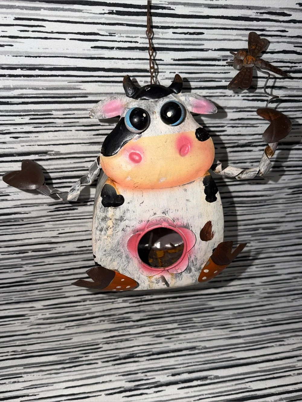 Whimsical Rustic Cow Hanging Birdhouse - White & Black with Pink Accents